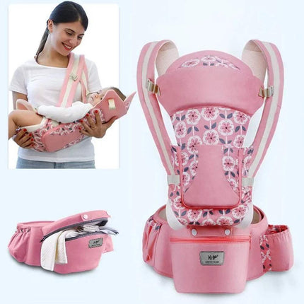 cherry Pink flower Ergonomic Baby Carrier with a woman holding a baby and the carrier folded on a white background.