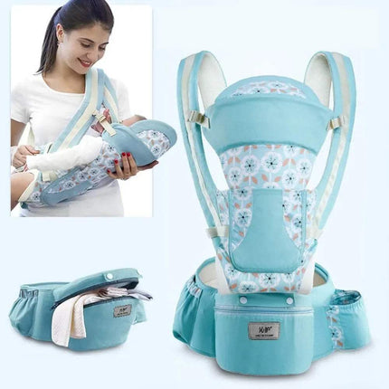 Blue flower seasons Ergonomic Baby Carrier with floral pattern, shown with a woman using it and a close-up of the product.