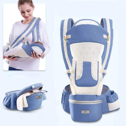 cowboy Blue breathhab Ergonomic Baby Carrier with accessories on a white background