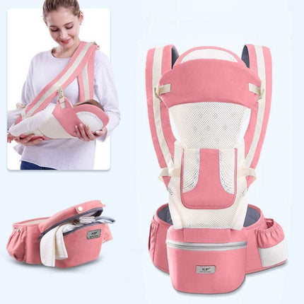 cherry Pink breathab Ergonomic Baby Carrier with multiple views and a woman holding a baby.