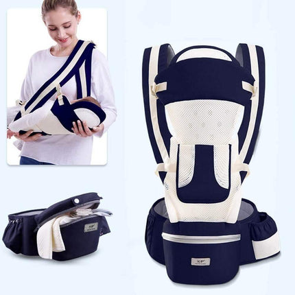 dark blue breathab Baby Ergonomic Baby Carrier with a woman holding a baby, showing different angles on a white background.