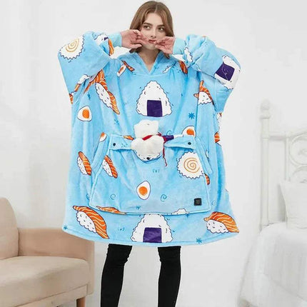 Person wearing a blue sushi Oversized Heatable Hoodie with sushi design in a room.