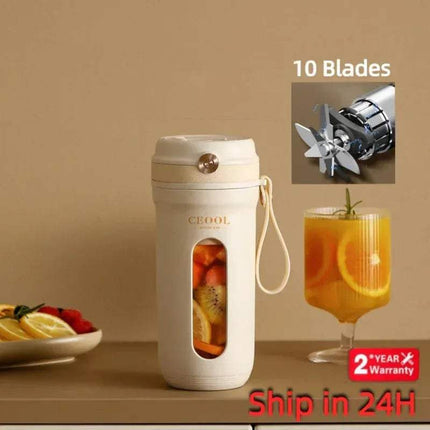 10 Blades Electric Portable Blender with fruit inside, glass of tea, and inset showing blades on a beige background.