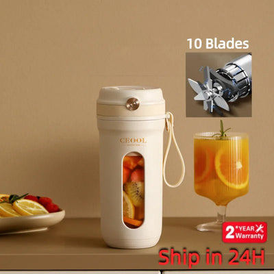 10 Blades Electric Portable Blender with fruit inside, glass of tea, and inset showing blades on a beige background.