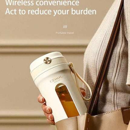 Person holding a white 10 Blades Electric Portable Blender with text 'Wireless convenience Act to reduce your burden' on a beige background