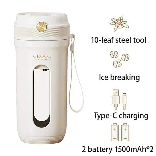 10 Blades Electric Portable Blender with a tool on a white background, featuring text about its features.