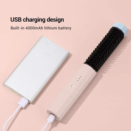 2 in 1 Wireless Curler & Straightener with USB charging design and built-in 4000mAh lithium battery.