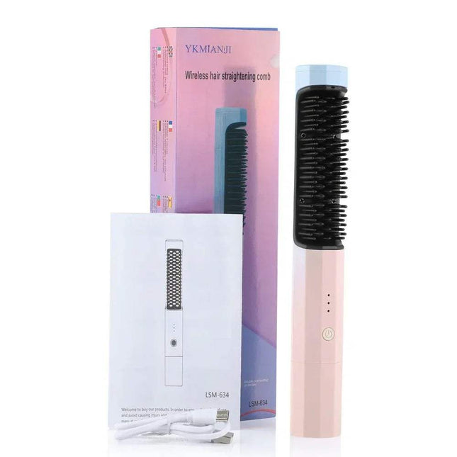 2 in 1 Wireless Curler & Straightener with packaging and instructions for salon-quality hair styling.