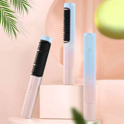 2 in 1 Wireless Curler & Straightener on display against a soft background, showcasing its sleek design and bristle features.