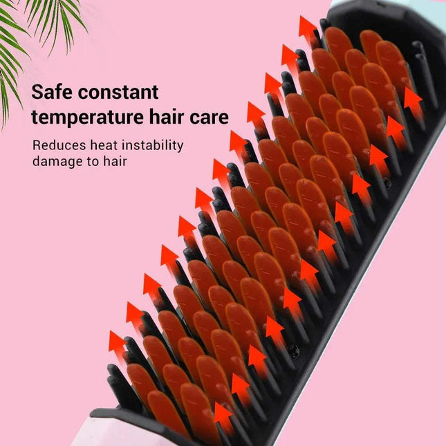 Close-up of the 2 in 1 Wireless Curler & Straightener showing safe constant temperature hair care features.