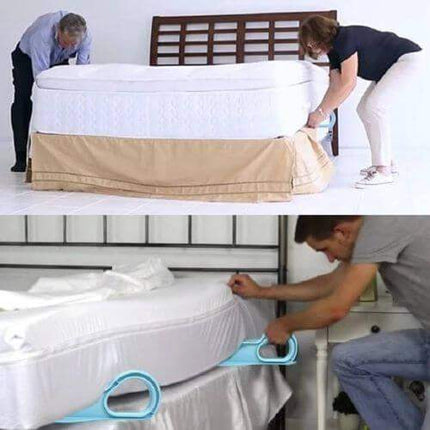 Two people adjusting a mattress cover with Ergonomic Mattress Wedges, followed by a person using a Ergonomic Mattress Wedges on a bed.