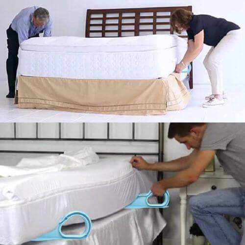 Two people adjusting a mattress cover with Ergonomic Mattress Wedges, followed by a person using a Ergonomic Mattress Wedges on a bed.