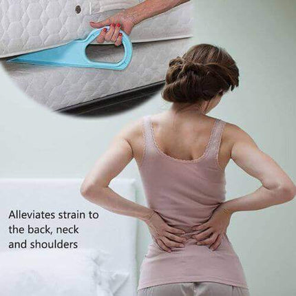 Woman using Ergonomic Mattress Wedges to alleviate strain while making the bed.