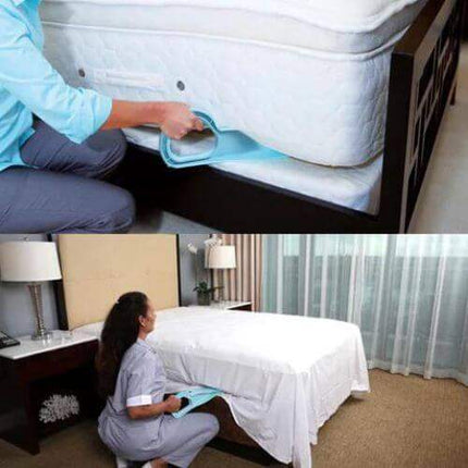 Person using Ergonomic Mattress Wedges to lift a mattress for easier bed making.