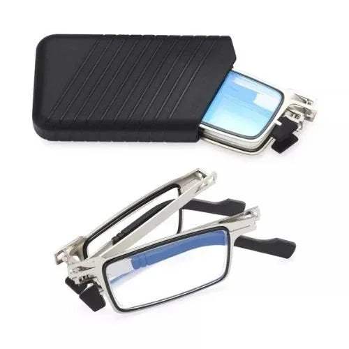 2x Foldable Reading Glasses Compact & Blue Light Protection with a black case on a white background