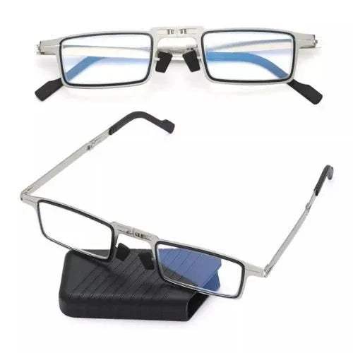 Rectangular 2x Foldable Reading Glasses Compact & Blue Light Protection with blue-tinted lenses and a black carrying case on a white background