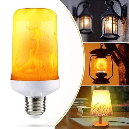 2x Flame Effect LED Light Bulbs displaying realistic fire glow in different lighting fixtures and modes.