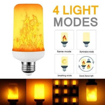 2x Flame Effect LED Light Bulbs displaying realistic fire glow with 4 light modes including flame and illumination.