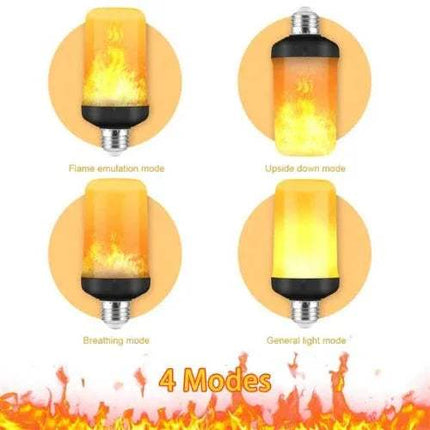 2x Flame Effect LED Light Bulbs showcasing 4 modes: flame emulation, upside down, breathing, and general light.