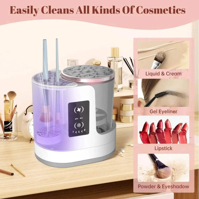 3-in-1 Electric Makeup Brush Cleaner with various cosmetic items on a wooden surface.