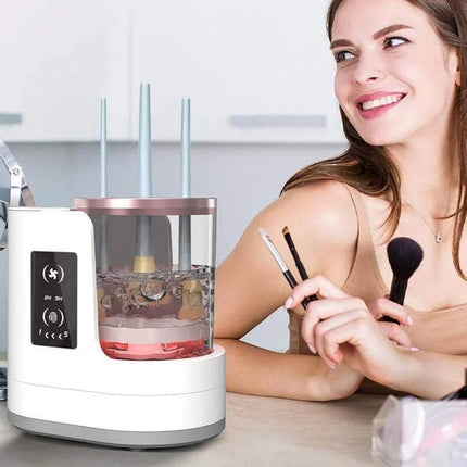 Woman using a 3 in 1 Electric Makeup Brush Cleaner with a smiling expression