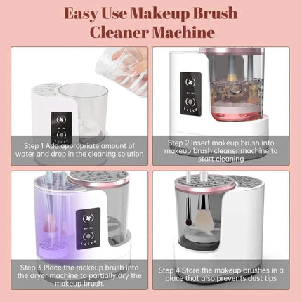 3 in 1 Electric Makeup Brush Cleaner with step-by-step instructions on a pink background