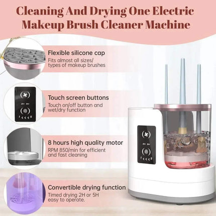 3 in 1 Electric Makeup Brush Cleaner with features highlighted on a pink background