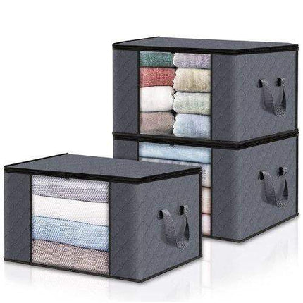 gray 3x Clothes Storage Box Large Capacity Breathable Fabric Organizers with handles filled with folded clothes on a white background