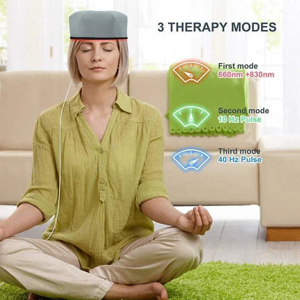Red Light Hair Growth therapy cap in use, showcasing 3 therapy modes for hair rejuvenation and scalp health.