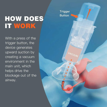 Diagram illustrating how the Automatic Choking Rescue Device works by generating vacuum suction to remove airway blockages.