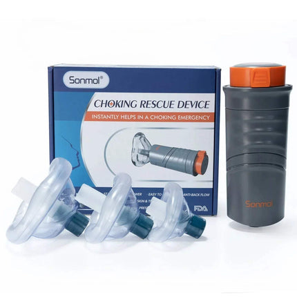 Automatic Choking Rescue Device with multiple attachments and packaging for emergency relief at home or travel.