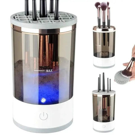 Automatic Electric Makeup Brush Cleaner for Hygienic Brushes with LED light and multiple brush holders on a white background