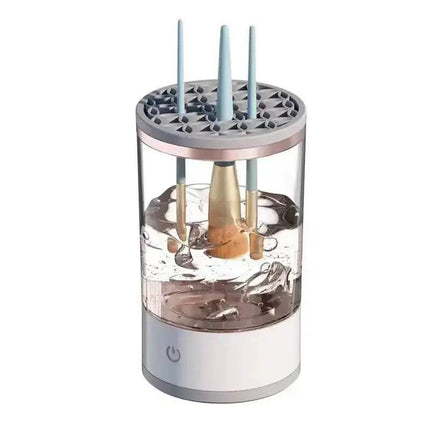 Automatic Electric Makeup Brush Cleaner with a gray top and white base on a white background