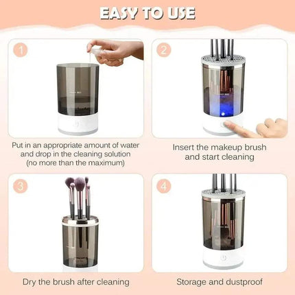Instructions for using a Automatic Electric Makeup Brush Cleaner with text and images of the device in use.
