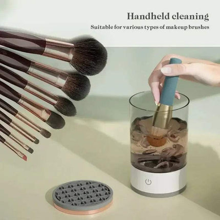 Handheld cleaning device for makeup brushes with Automatic Electric Makeup Brush Cleaner and brush being cleaned.