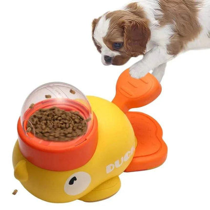 Dog interacting with the Automatic Interactive Pet Feeder, a fun device promoting healthy eating habits.