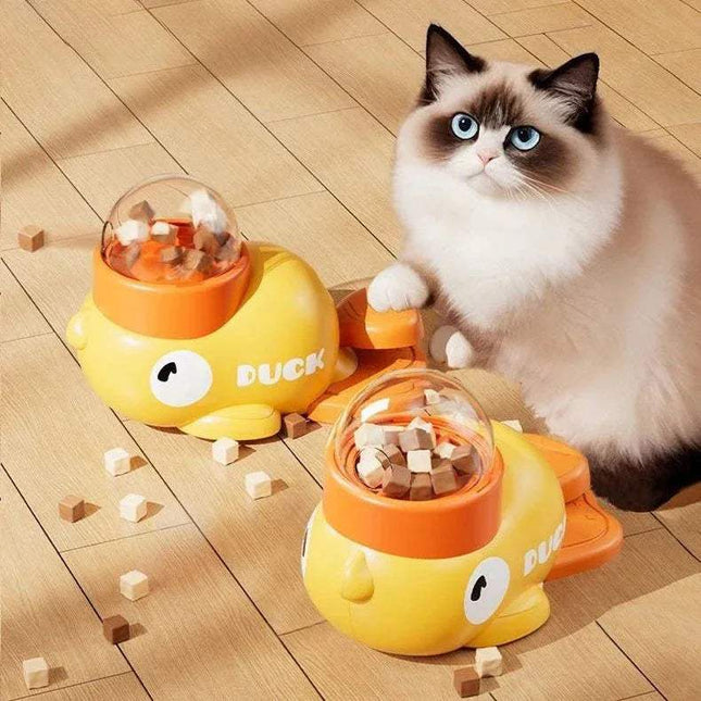 Automatic Interactive Pet Feeder designed for cats, featuring a fun yellow duck shape and treat dispensing mechanics.