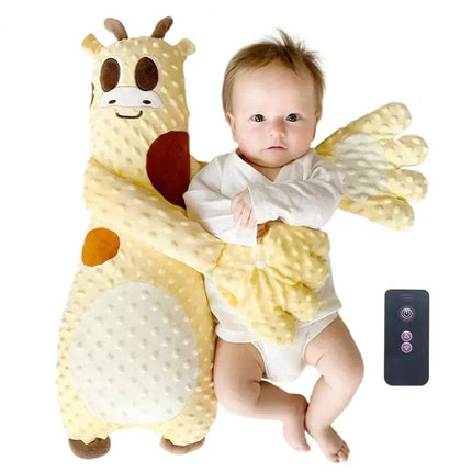 Baby in a Baby Pat Pillow Gentle Soothing Sleep Companion for Babies & Toddlers with a remote control on a white background