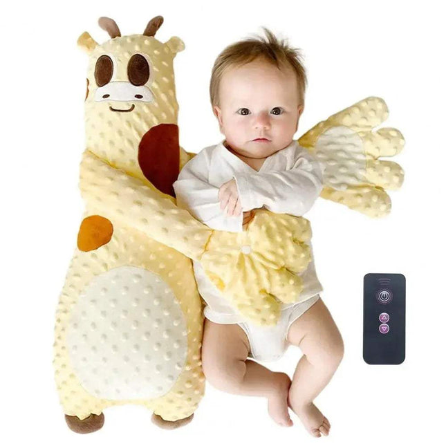 Baby in a Baby Pat Pillow Gentle Soothing Sleep Companion for Babies & Toddlers with a remote control on a white background