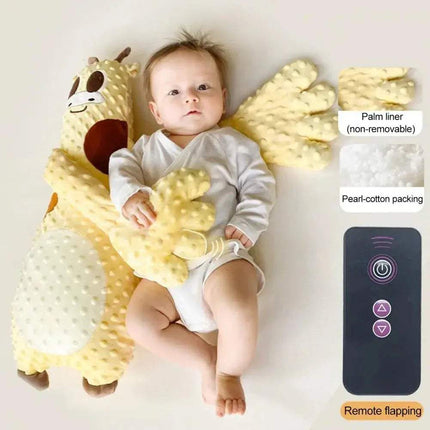 Baby lying on a yellow and white Baby Pat Pillow Gentle Soothing Sleep Companion for Babies & Toddlers with remote control features shown.