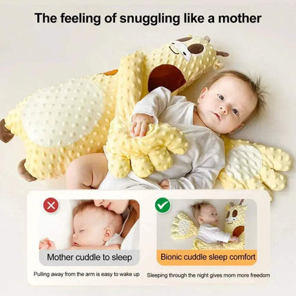 Baby lying on a yellow Baby Pat Pillow Gentle Soothing Sleep Companion for Babies & Toddlers with text about snuggling like a mother.