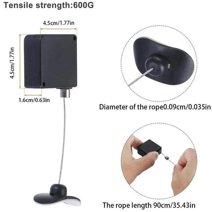 Technical specifications of a Bedside Remote Cable Lock Retractable Tether with measurements and rope details on a white background