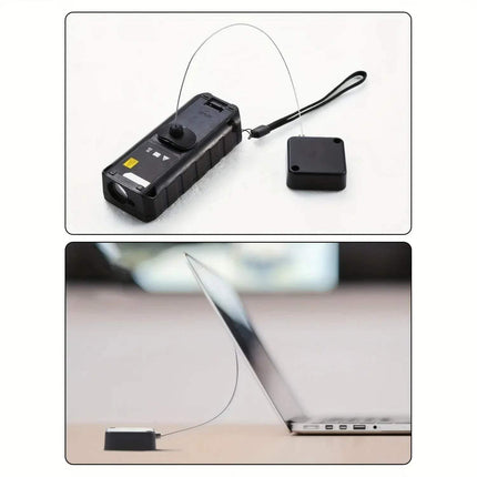 Two images showing a Bedside Remote Cable Lock Retractable Tether with a camera and a laptop securely attached.