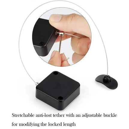 Black Bedside Remote Cable Lock Retractable Tether with adjustable buckle on a white background