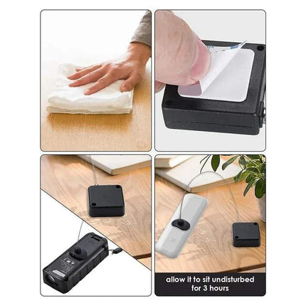 Step-by-step guide on using a Bedside Remote Cable Lock Retractable Tether on a wooden surface.