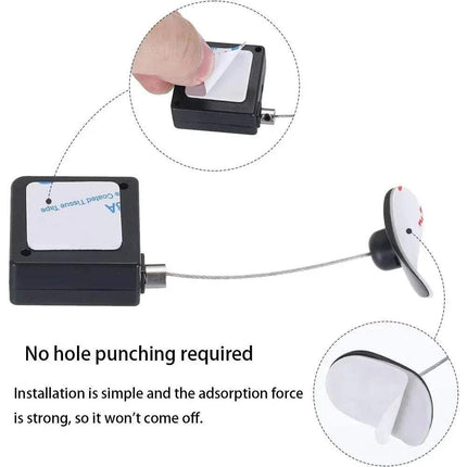 Bedside Remote Cable Lock Retractable Tether installation process with text indicating no hole punching is required.