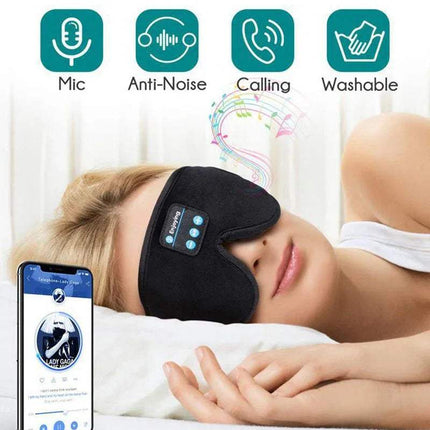 Person wearing a black Bluetooth Eye Mask with Music Function with icons indicating mic, anti-noise, calling, and washable features, and a smartphone displaying an app on a white background.