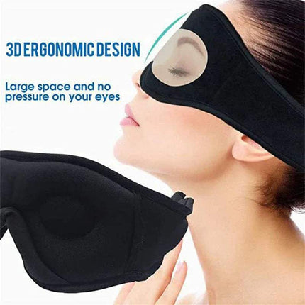 Black Bluetooth Eye Mask with Music Function with 3D ergonomic design on a person wearing it, highlighting comfort.