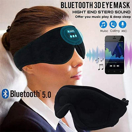 Woman wearing a Bluetooth Eye Mask with Music Function with sound waves and phone interface graphics.