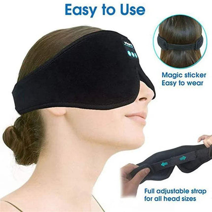 Black Bluetooth Eye Mask with Music Function with adjustable strap worn by a person, featuring text on ease of use and adjustable strap.